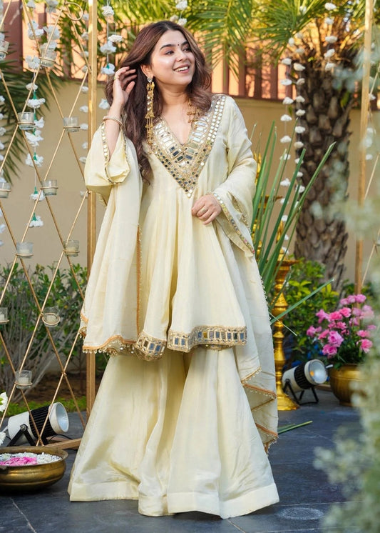Shriwal fashion mirror work kurti sharara set
