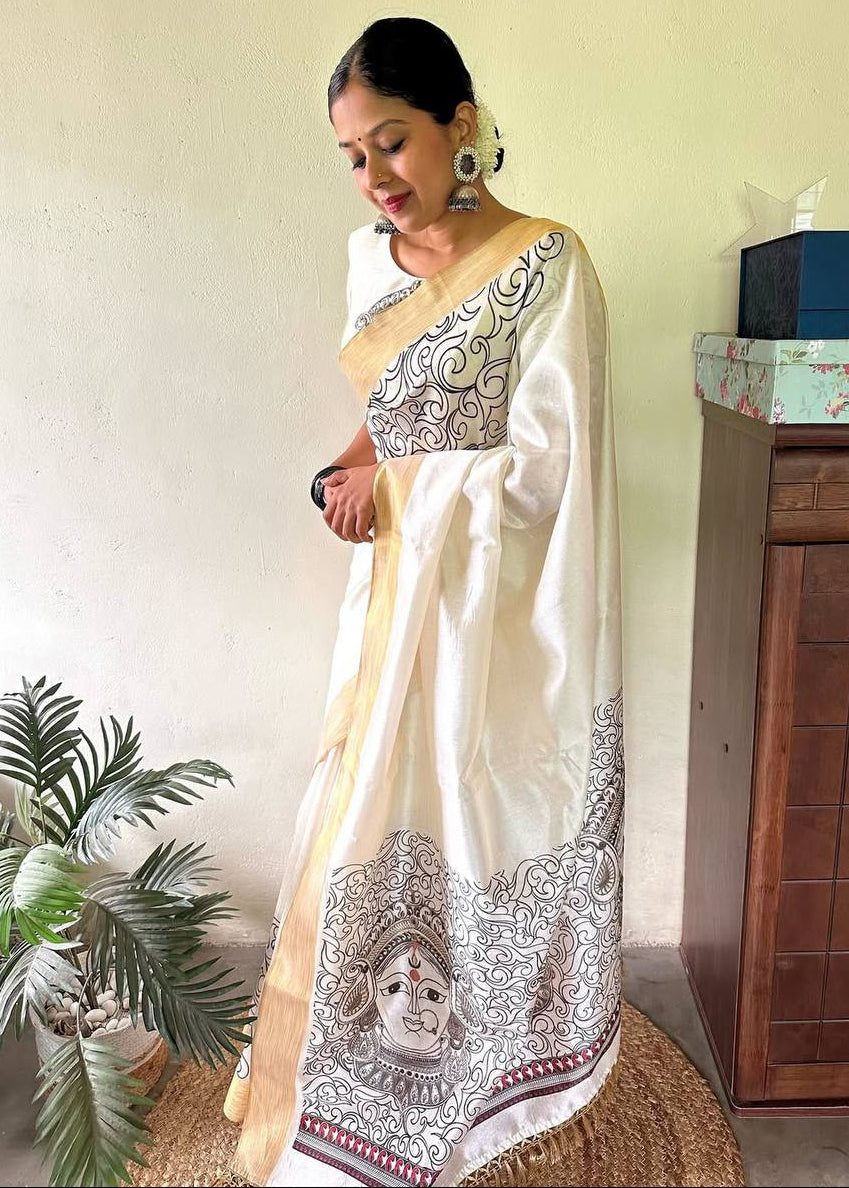 Shriwal Snow white artistic motifs Digital saree(2 Colours)