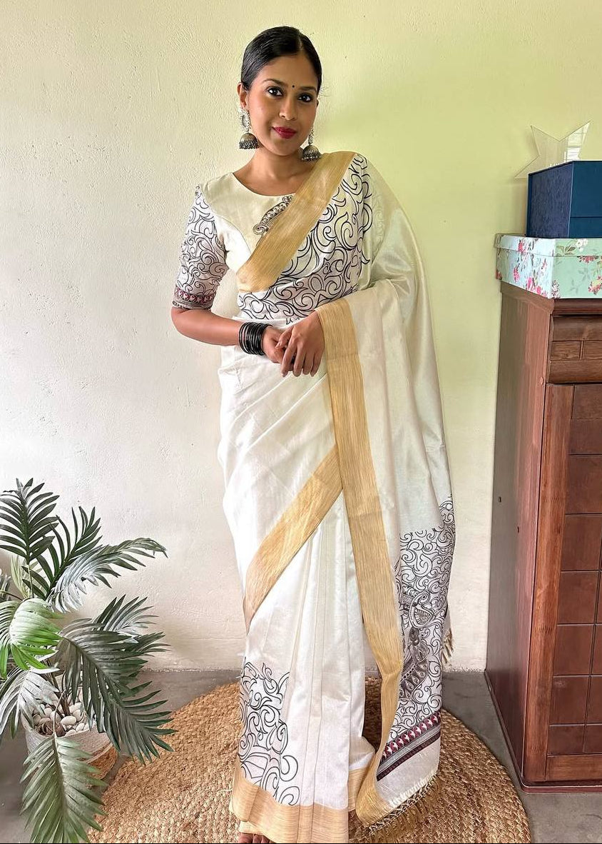 Shriwal Snow white artistic motifs Digital saree(2 Colours)