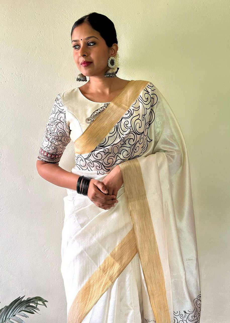 Shriwal Snow white artistic motifs Digital saree(2 Colours)