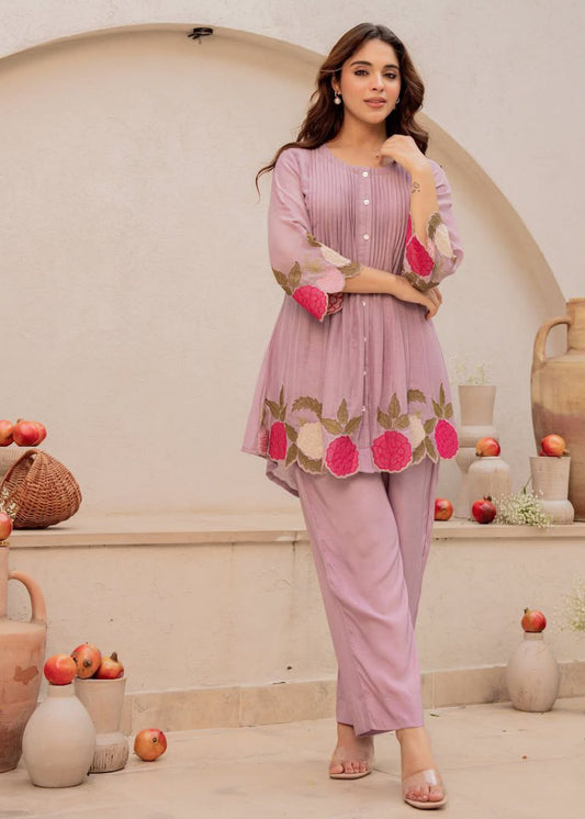 Stylish cord set dress online featuring pastel shades, floral embroidery, kurti-style top and straight-fit pants