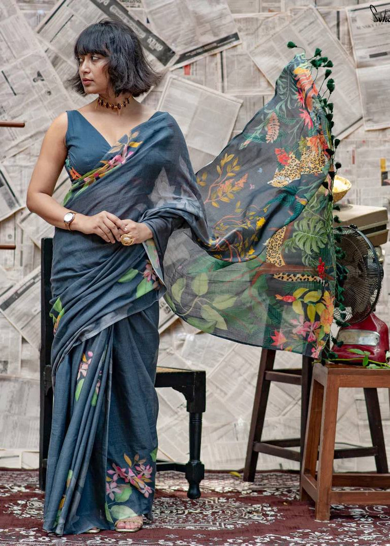 Shriwal Wild Bloom Linen Cotton Saree