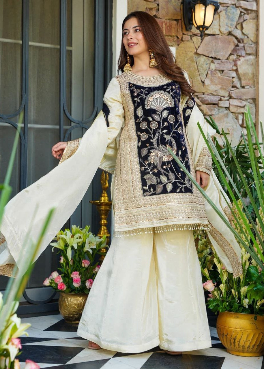 Shriwal Velvet Embroidered Kurta Palazzo Set with Dupatta