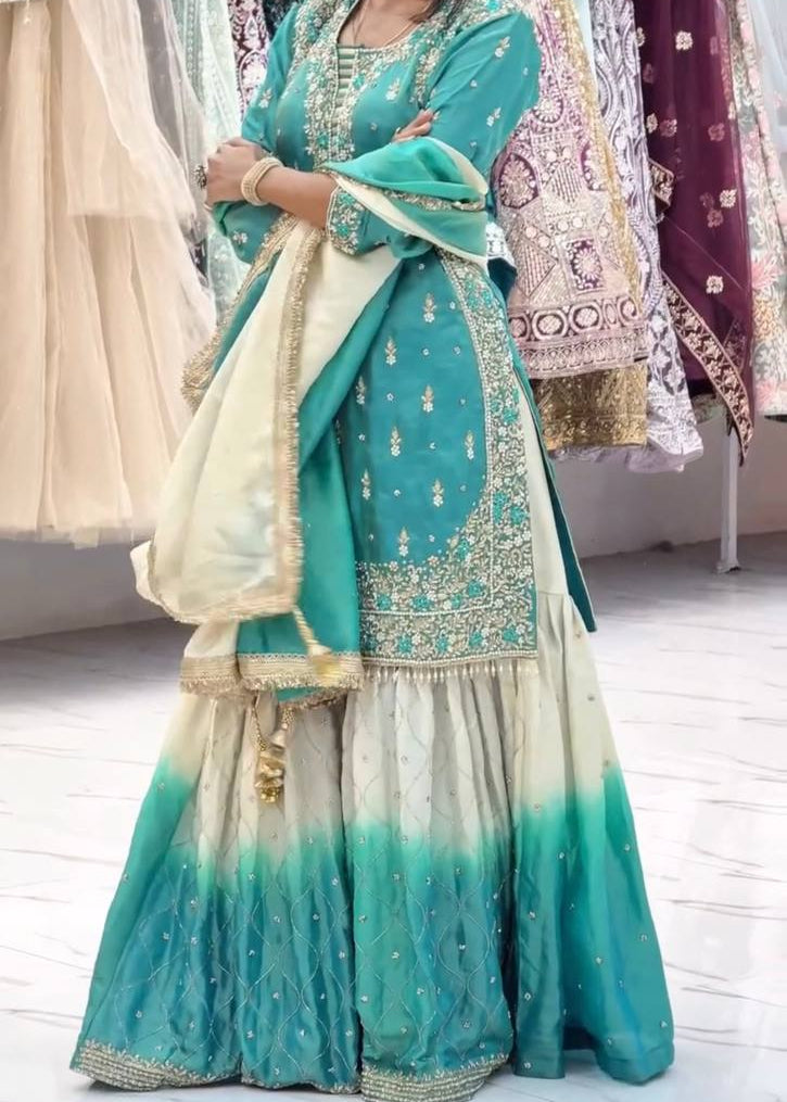 Shriwal Ocean Blue GMY Silk Embroidered Sharara Suit Set