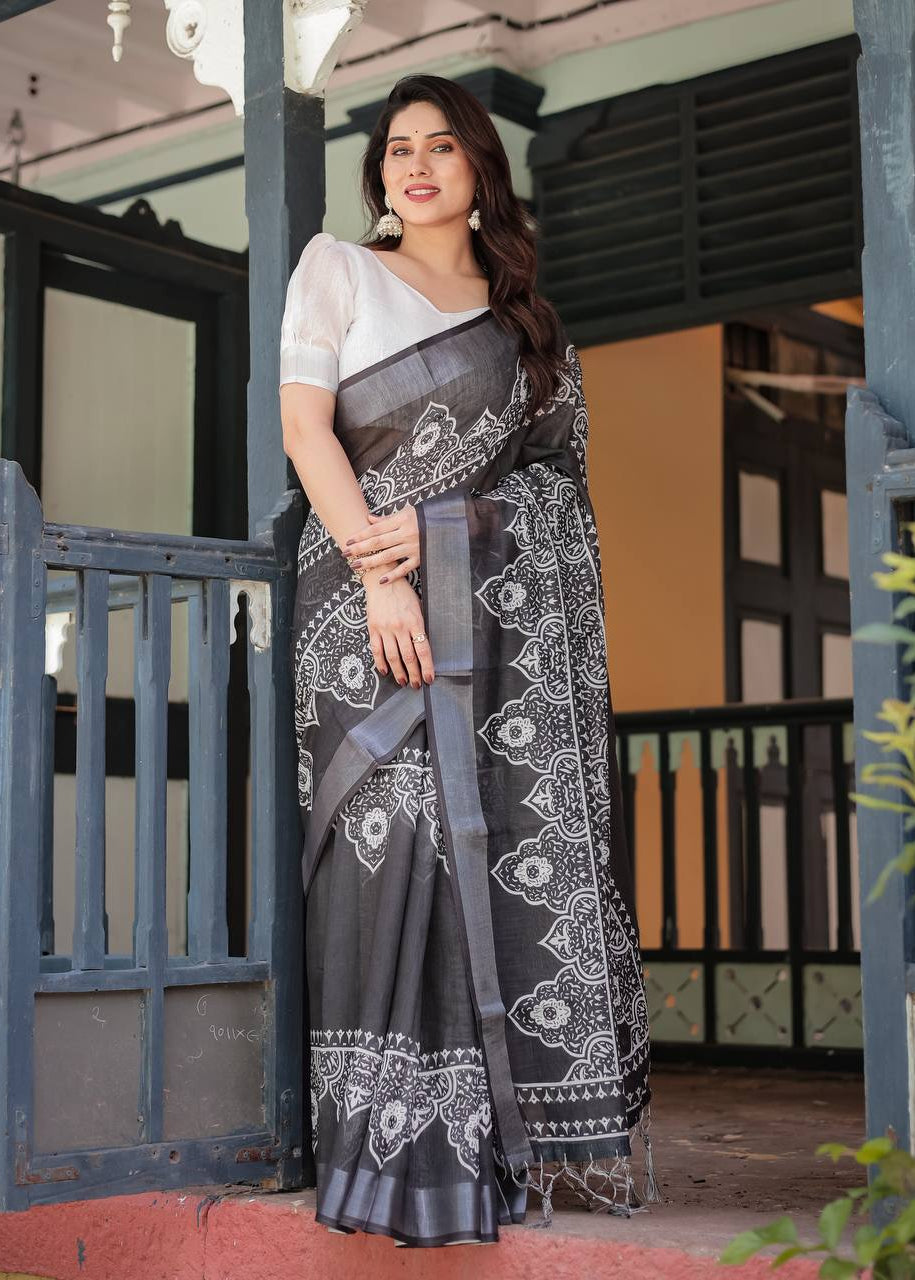 Shriwal Noir Silver Weave Linen Saree