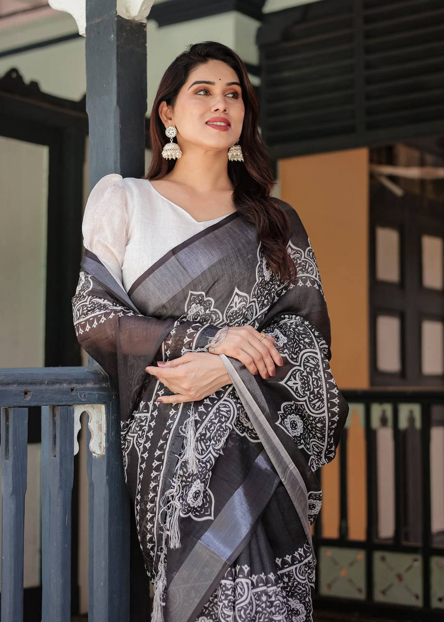 Shriwal Noir Silver Weave Linen Saree