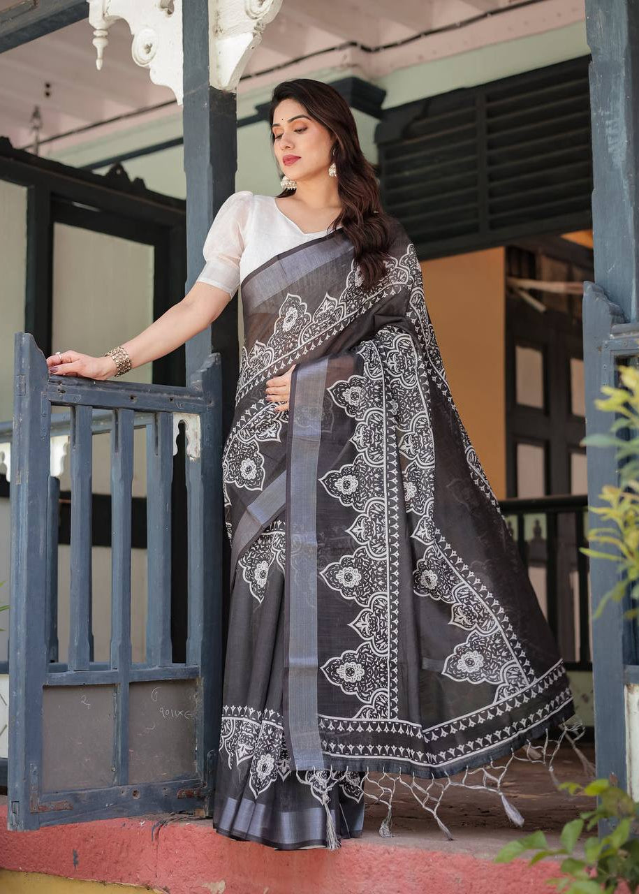 Shriwal Noir Silver Weave Linen Saree