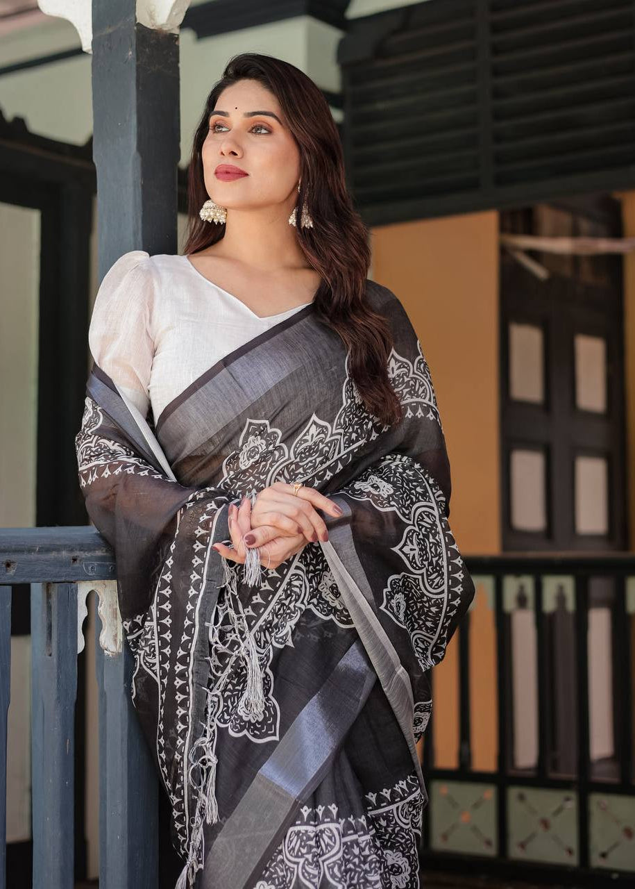 Shriwal Noir Silver Weave Linen Saree