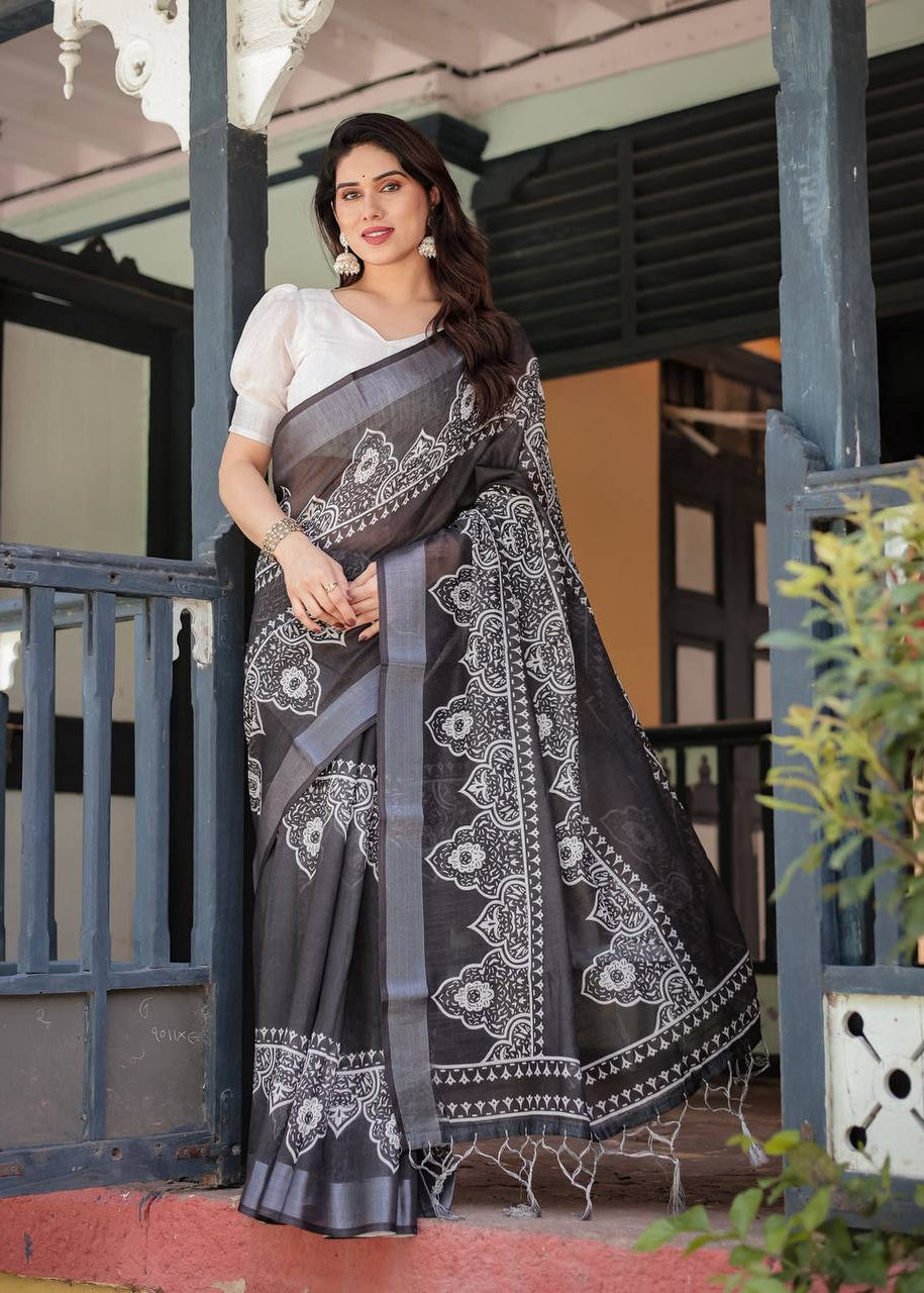 Shriwal Noir Silver Weave Linen Saree