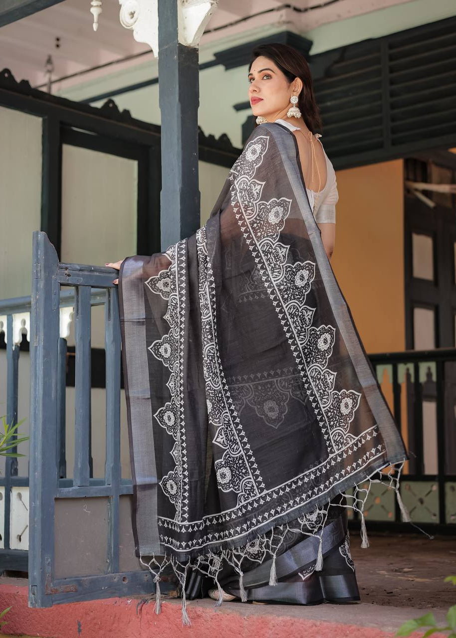 Shriwal Noir Silver Weave Linen Saree