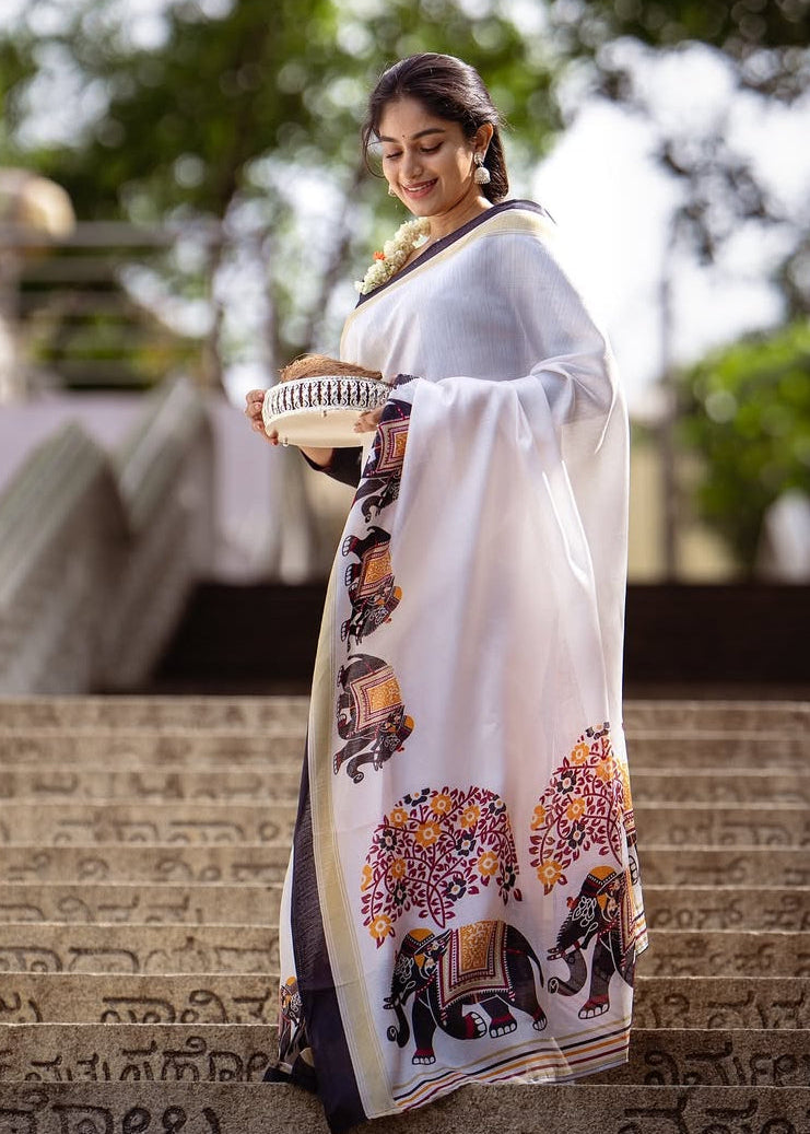 Shriwal Snow White Heritage Elephant Digital Linen Cotton Saree