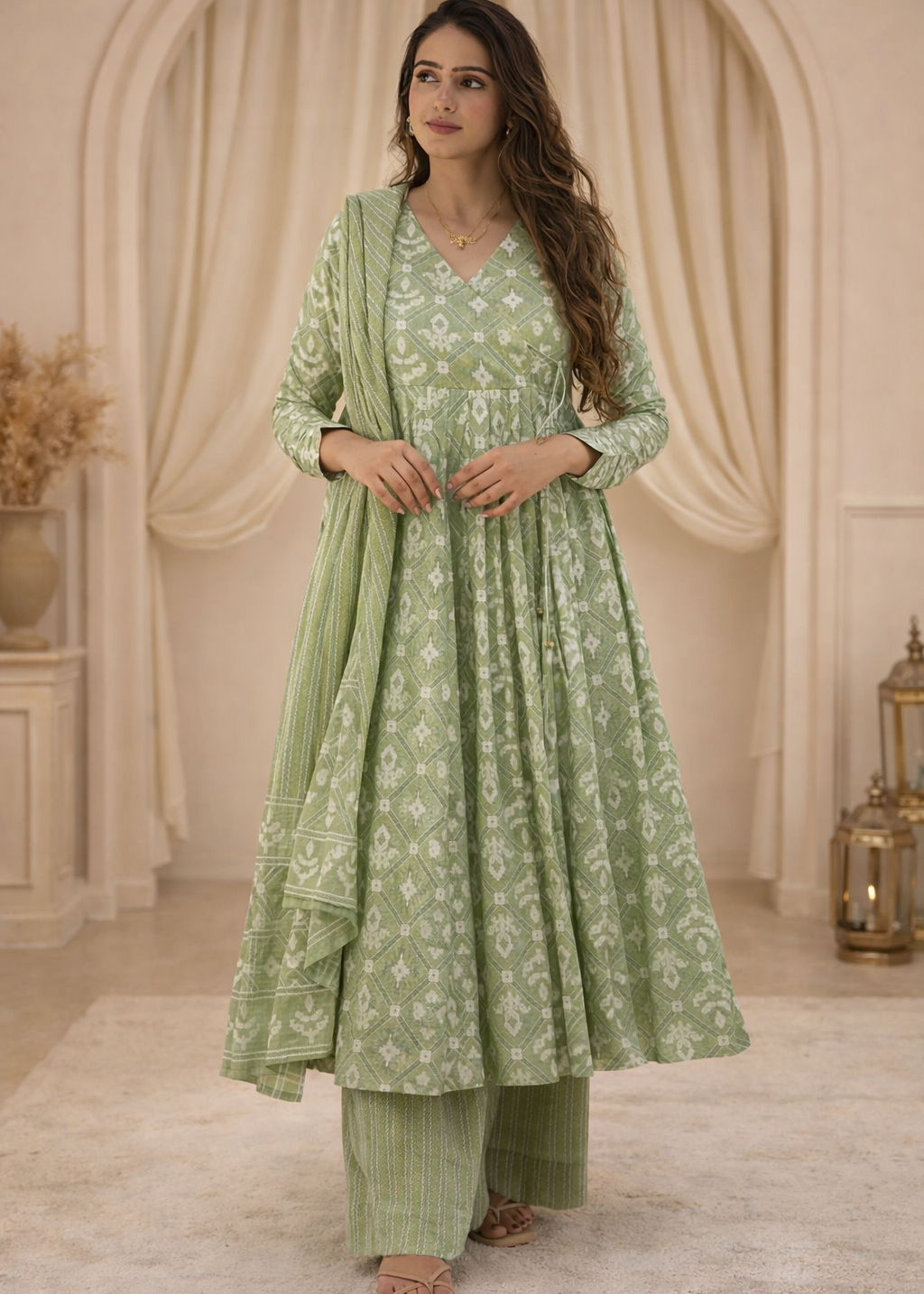 Woman wearing a green traditional outfit with a floral pattern in an elegant indoor setting.