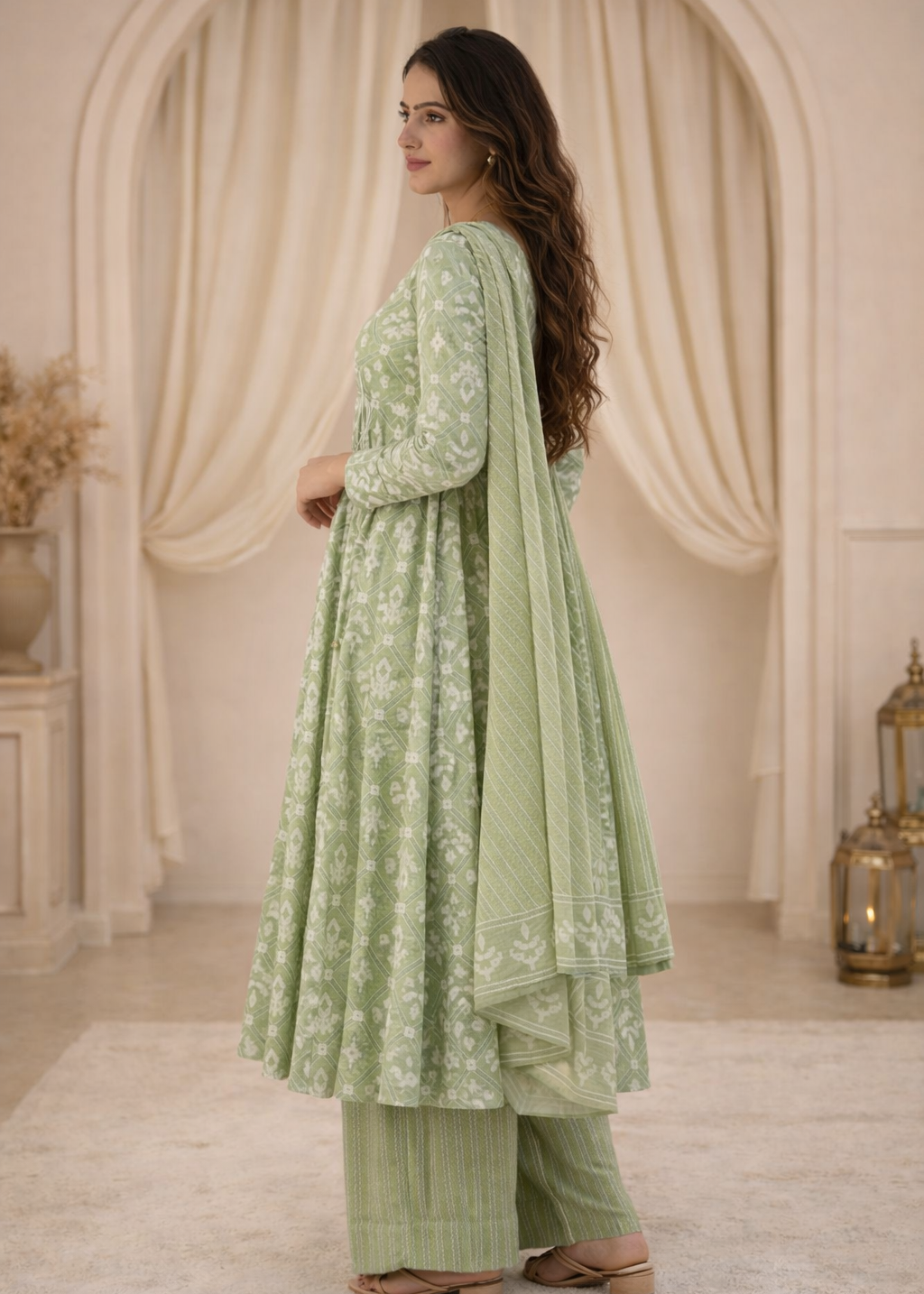 Shriwal Vastra Light Green Printed Angrakha Kurti Set