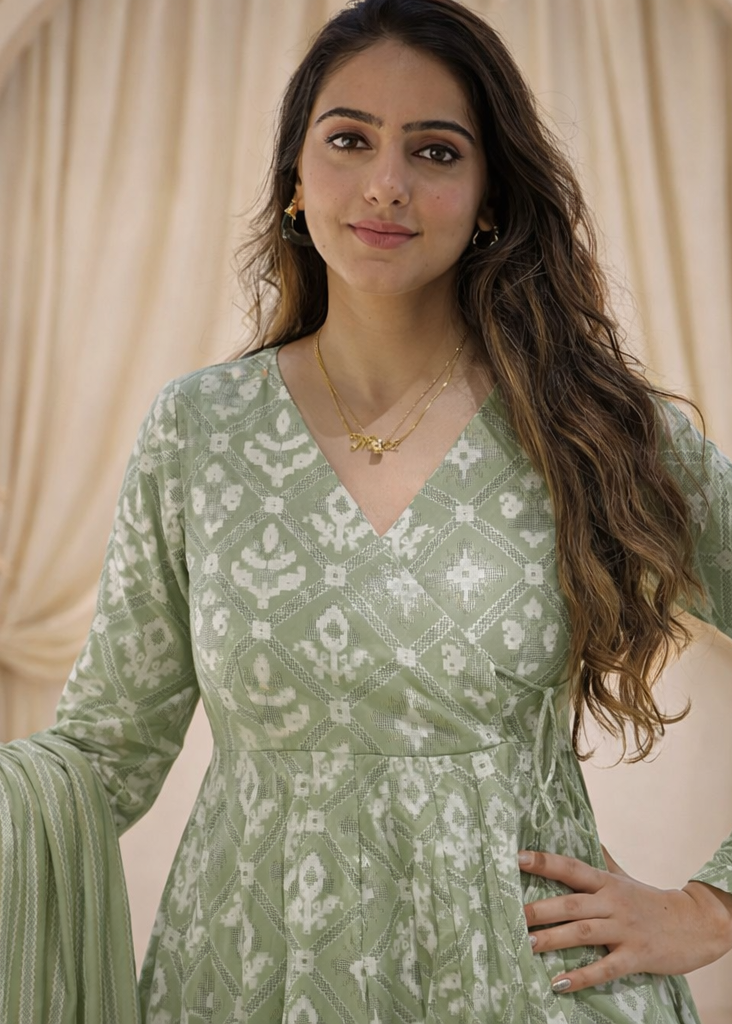 Shriwal Vastra Light Green Printed Angrakha Kurti Set