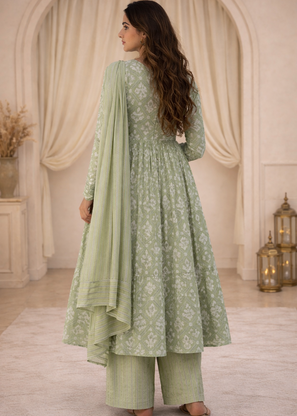 Shriwal Vastra Light Green Printed Angrakha Kurti Set