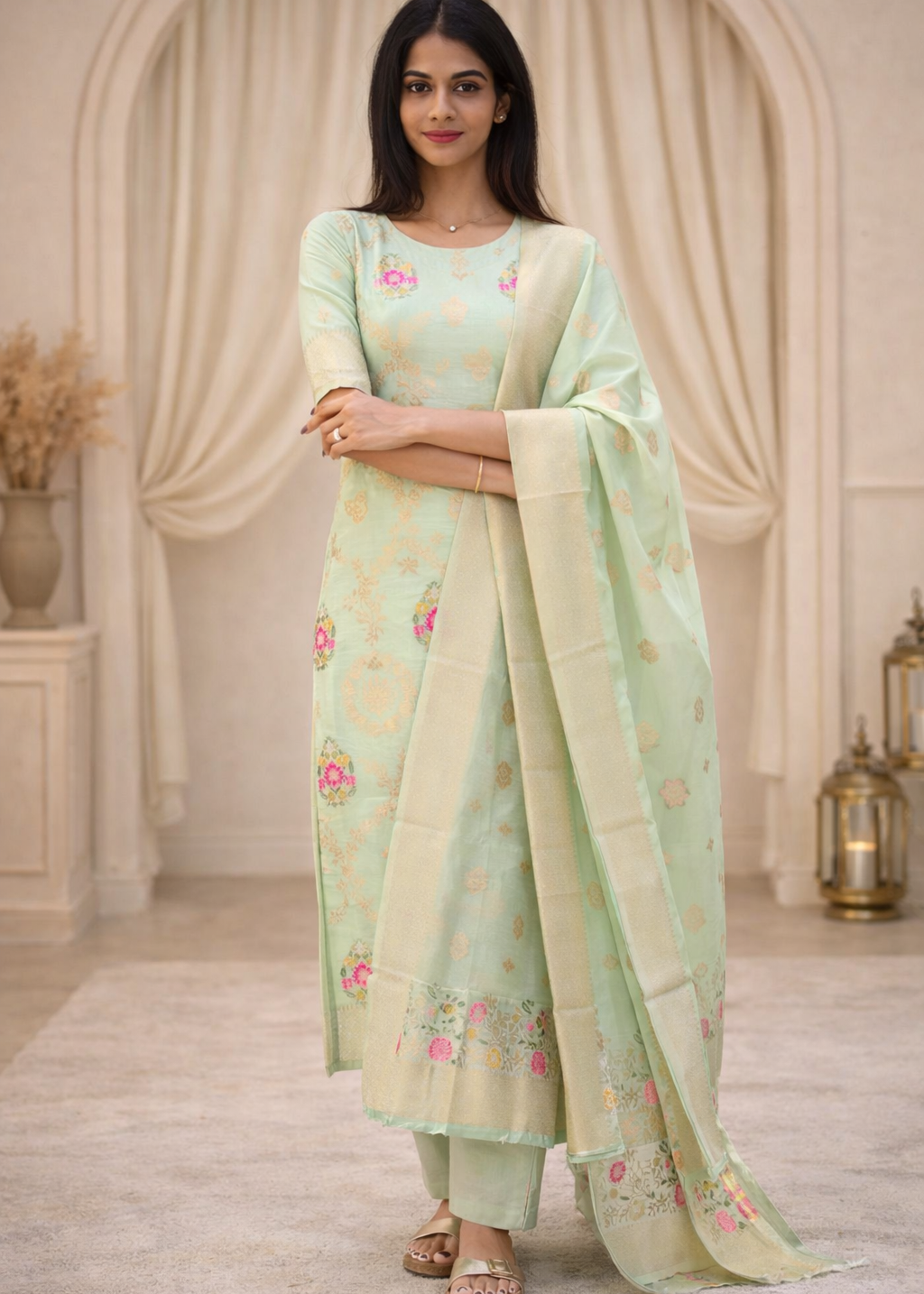 Woman wearing a light green traditional outfit with floral patterns in an elegant indoor setting.