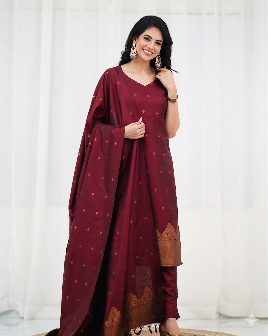Elegant Zari Work Blended Silk Suit Set (3 Colors)