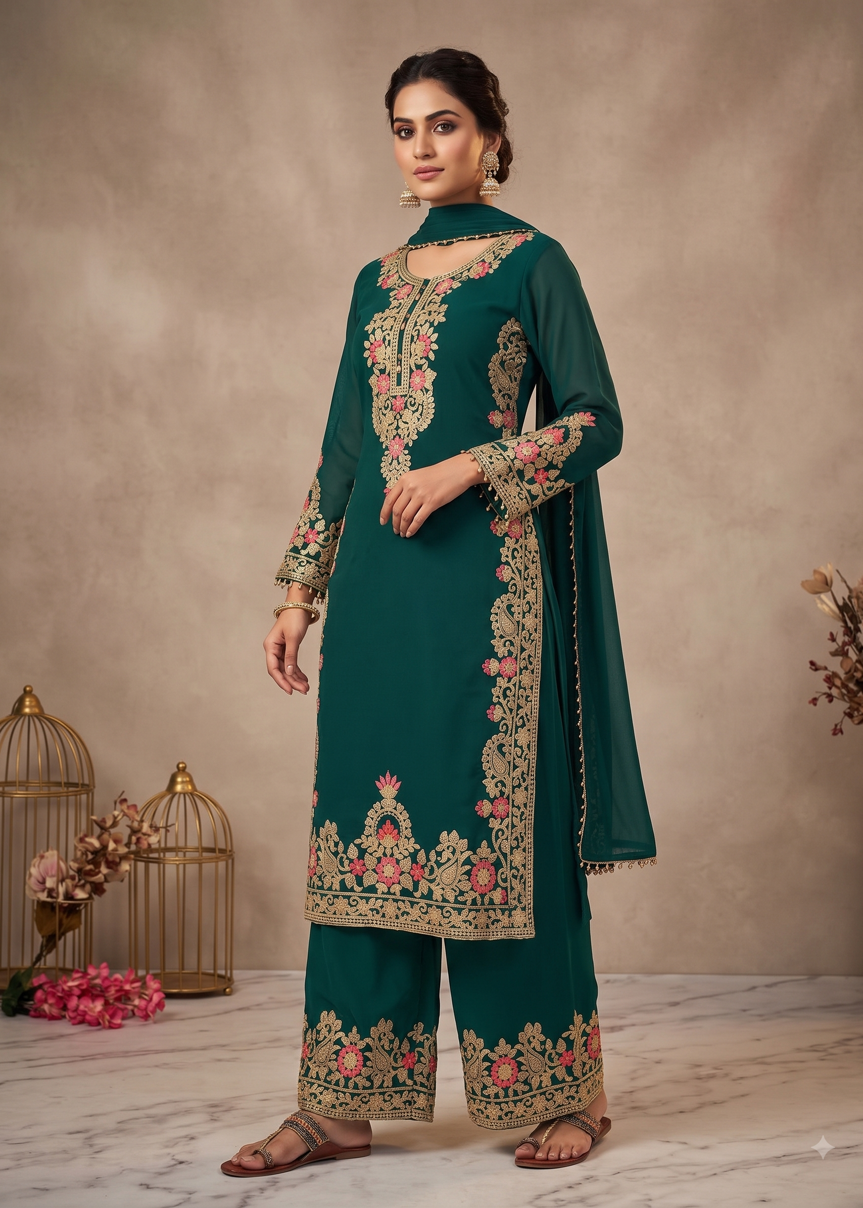 A woman models a dark teal green ethnic salwar kameez suit with intricate gold, pink, and beige floral embroidery. The set includes a long-sleeved tunic with a high collar, matching wide-leg trousers, and a coordinating dupatta, styled with brown flat sandals against a neutral studio backdrop.