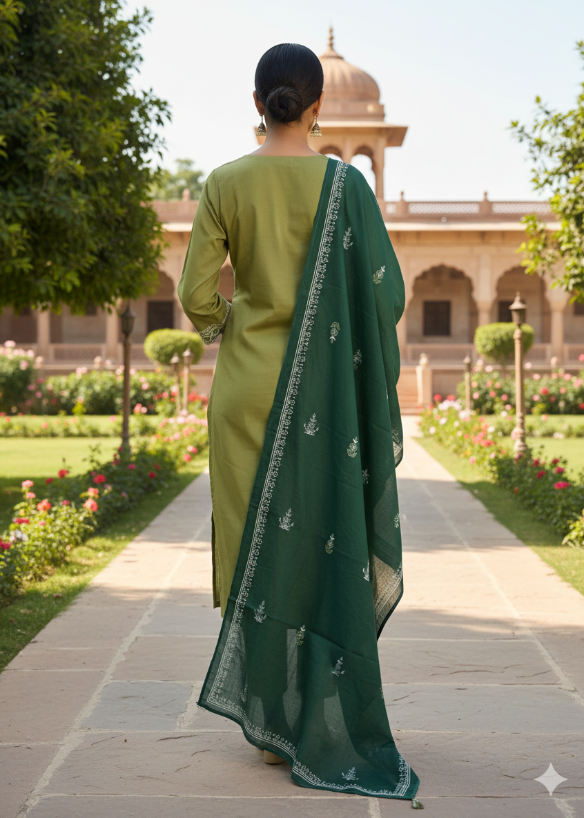 Shriwal Pista Mirror Bloom Cotton Suit Set
