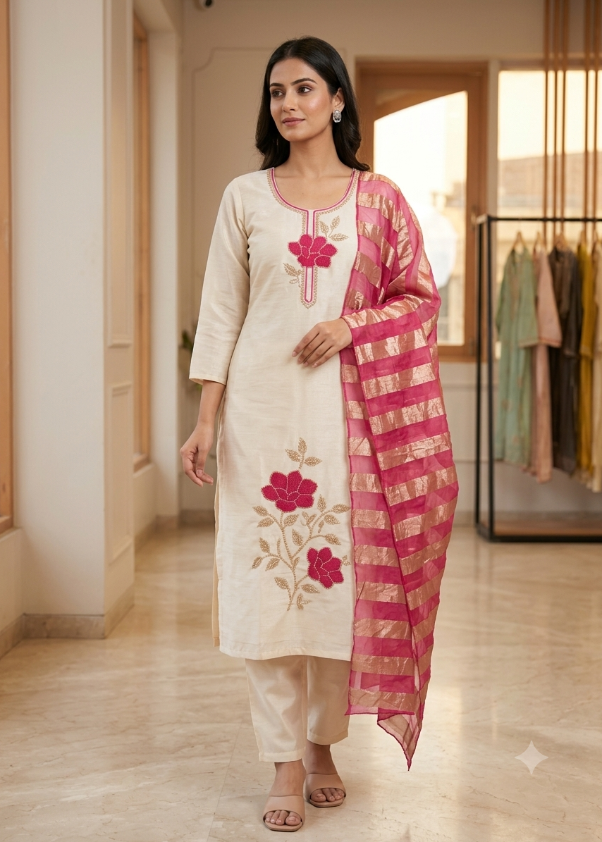 Elegant woman wearing a cream Glass Roman Silk embroidered kurta set with floral beads and thread work, paired with a pink and gold Organza zari dupatta in a traditional palace setting.