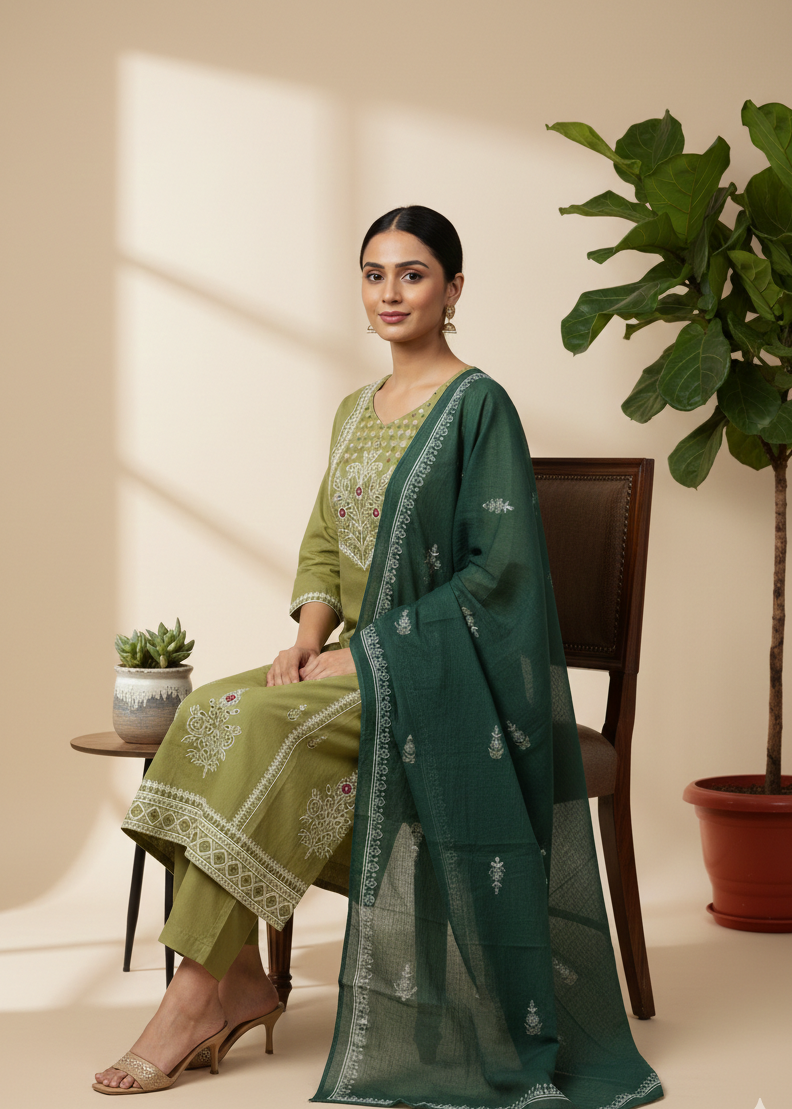Shriwal Pista Mirror Bloom Cotton Suit Set