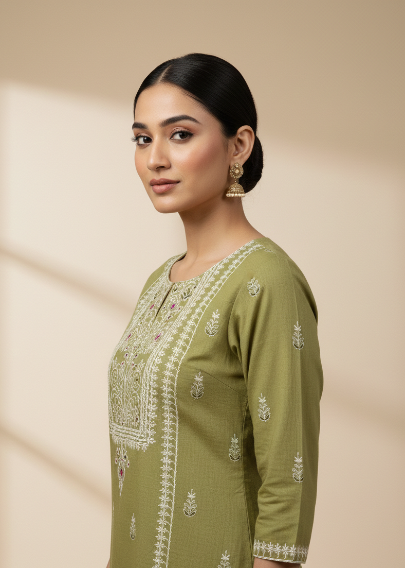 Shriwal Pista Mirror Bloom Cotton Suit Set