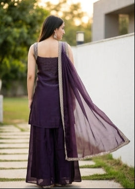 Shriwal Wine Fandy Embroidered Kurta Palazzo Set with Dupatta