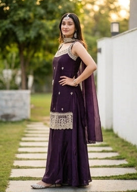Shriwal Wine Fandy Embroidered Kurta Palazzo Set with Dupatta