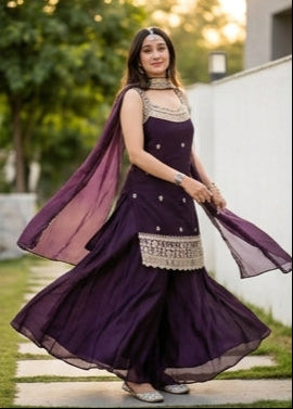 Shriwal Wine Fandy Embroidered Kurta Palazzo Set with Dupatta