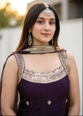 Shriwal Wine Fandy Embroidered Kurta Palazzo Set with Dupatta