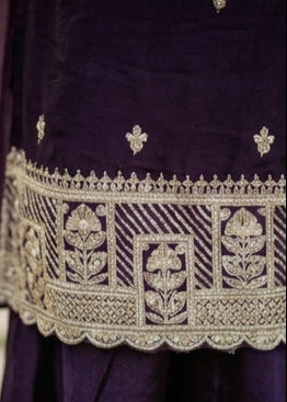 Shriwal Wine Fandy Embroidered Kurta Palazzo Set with Dupatta
