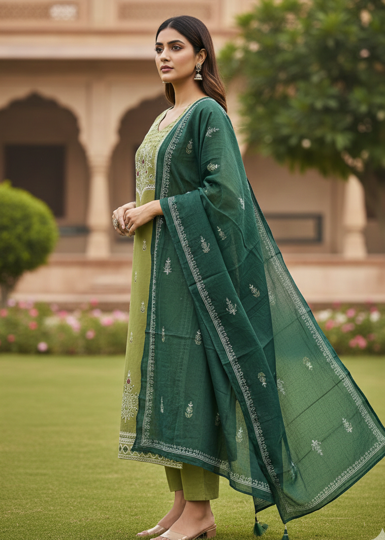 Shriwal Pista Mirror Bloom Cotton Suit Set