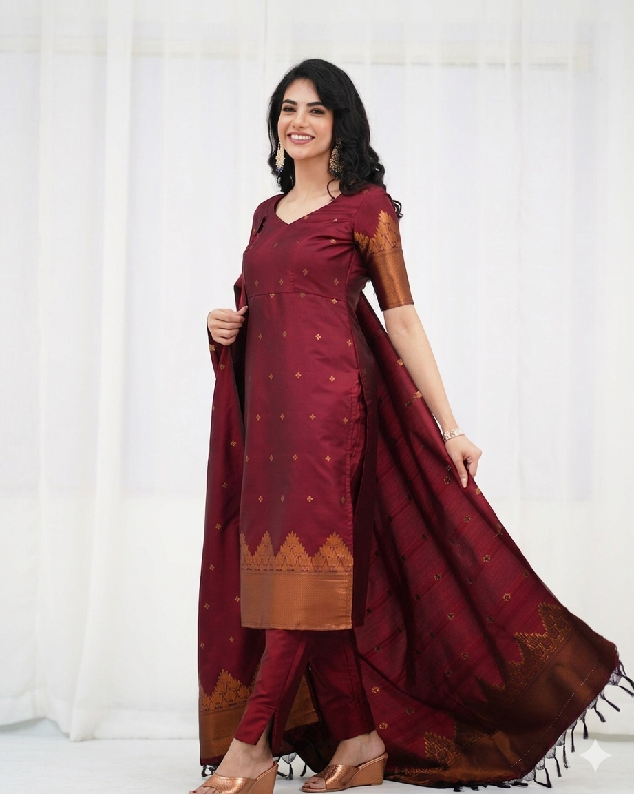 Elegant Zari Work Blended Silk Suit Set (3 Colors)