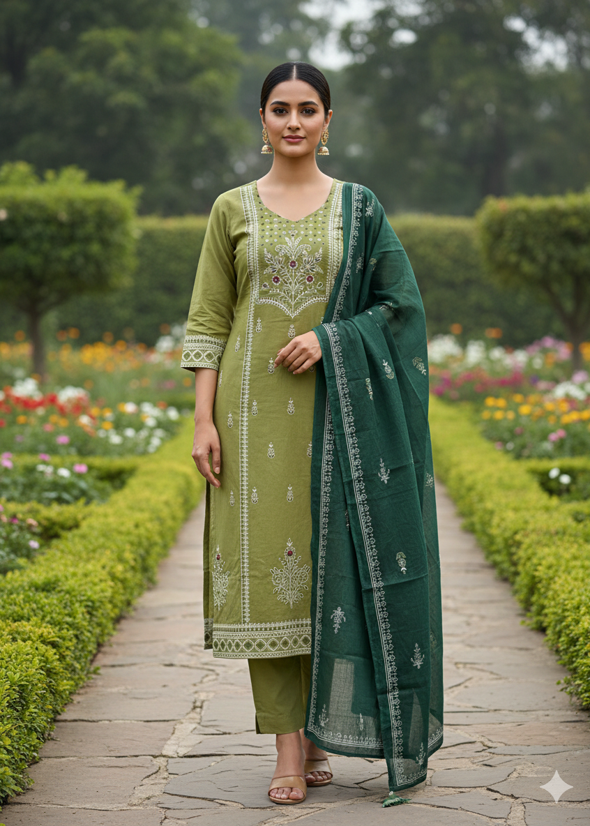 Shriwal Pista Mirror Bloom Cotton Suit Set
