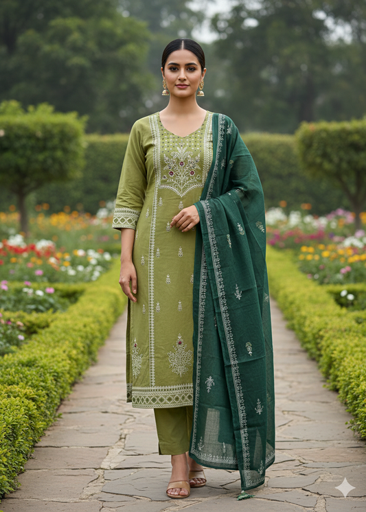 Shriwal Pista Mirror Bloom Cotton Suit Set