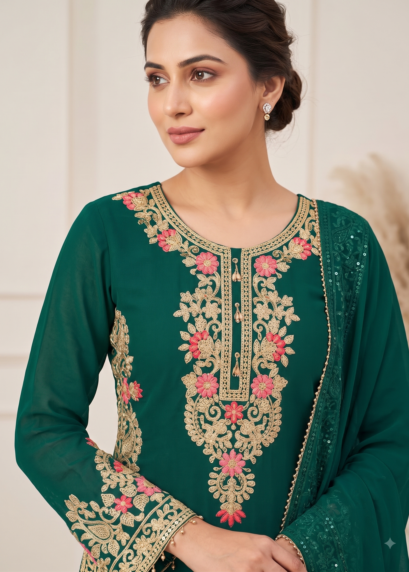 A woman wearing a dark green traditional embroidered kurta with pink floral embroidery and gold detailing, paired with a matching sheer dupatta, set against a soft beige background.