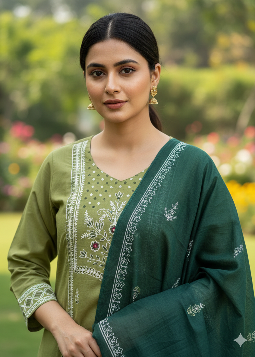 Shriwal Pista Mirror Bloom Cotton Suit Set
