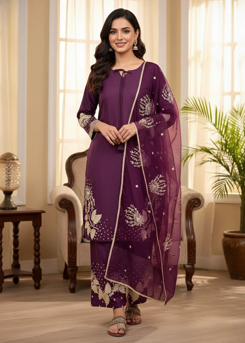 Shriwal Noorina Embroidered Crepe Kurti Set (3 Colours)