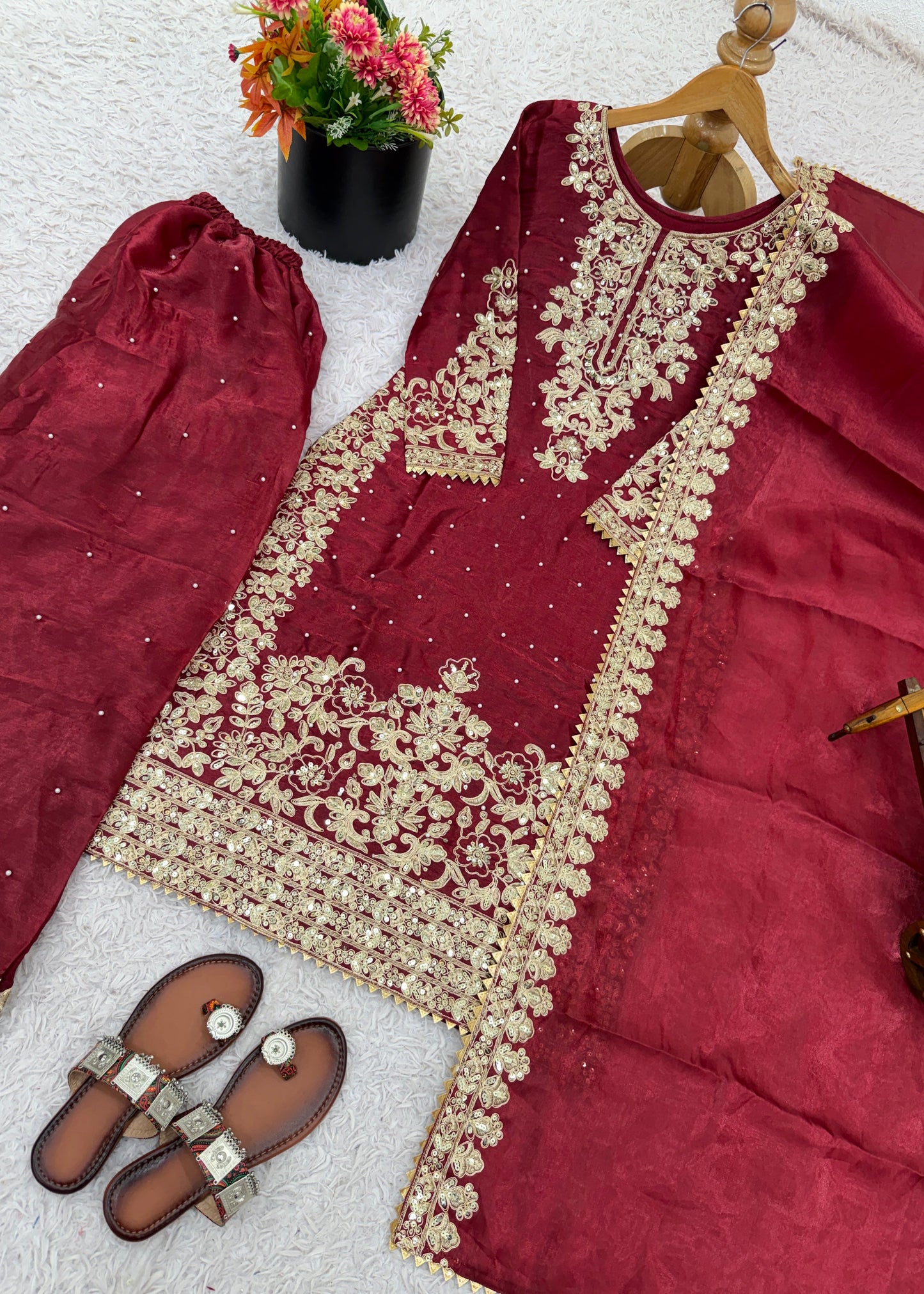 Elegant GMY Silk Embroidered Kurta Palazzo Set (6 colour)