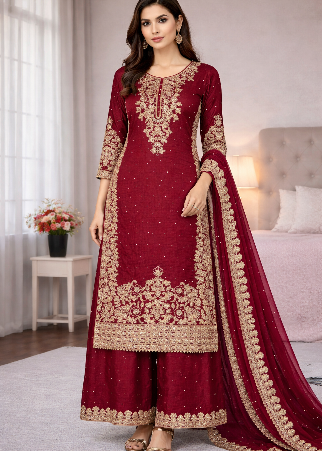 Elegant GMY Silk Embroidered Kurta Palazzo Set (6 colour)