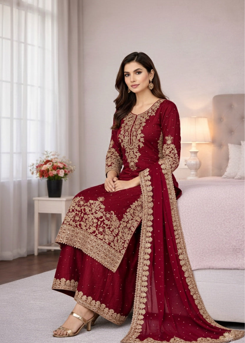 Elegant GMY Silk Embroidered Kurta Palazzo Set (6 colour)