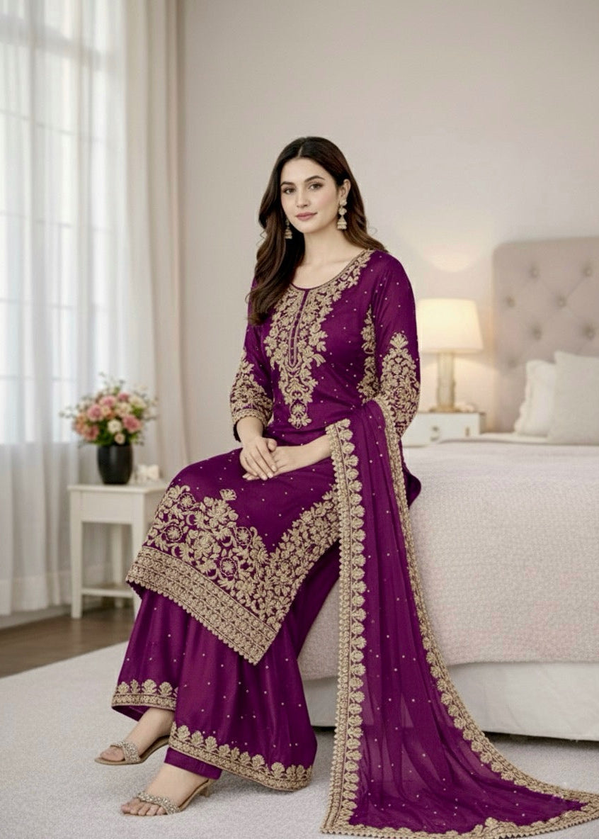 Elegant GMY Silk Embroidered Kurta Palazzo Set (6 colour)