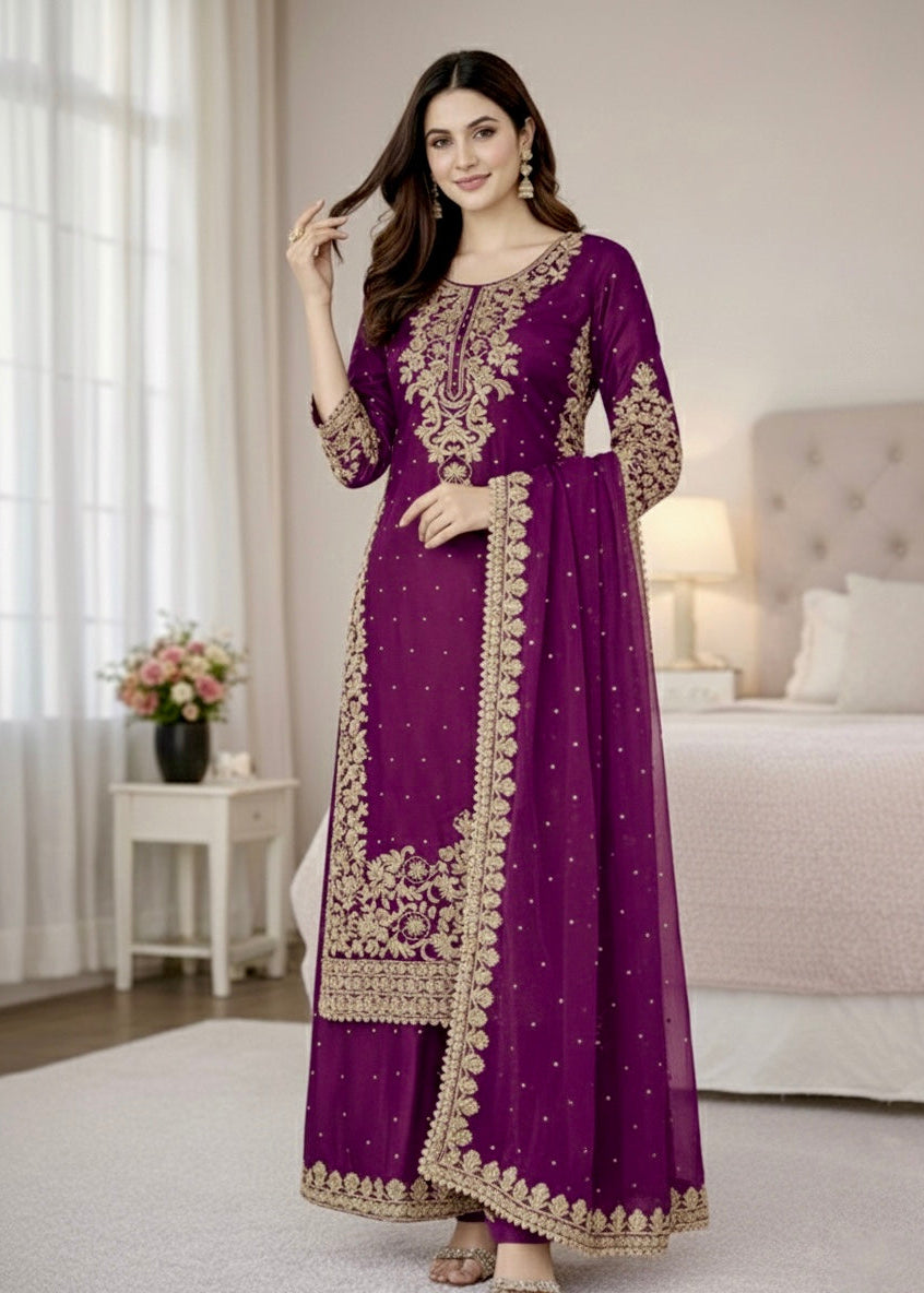 Elegant GMY Silk Embroidered Kurta Palazzo Set (6 colour)