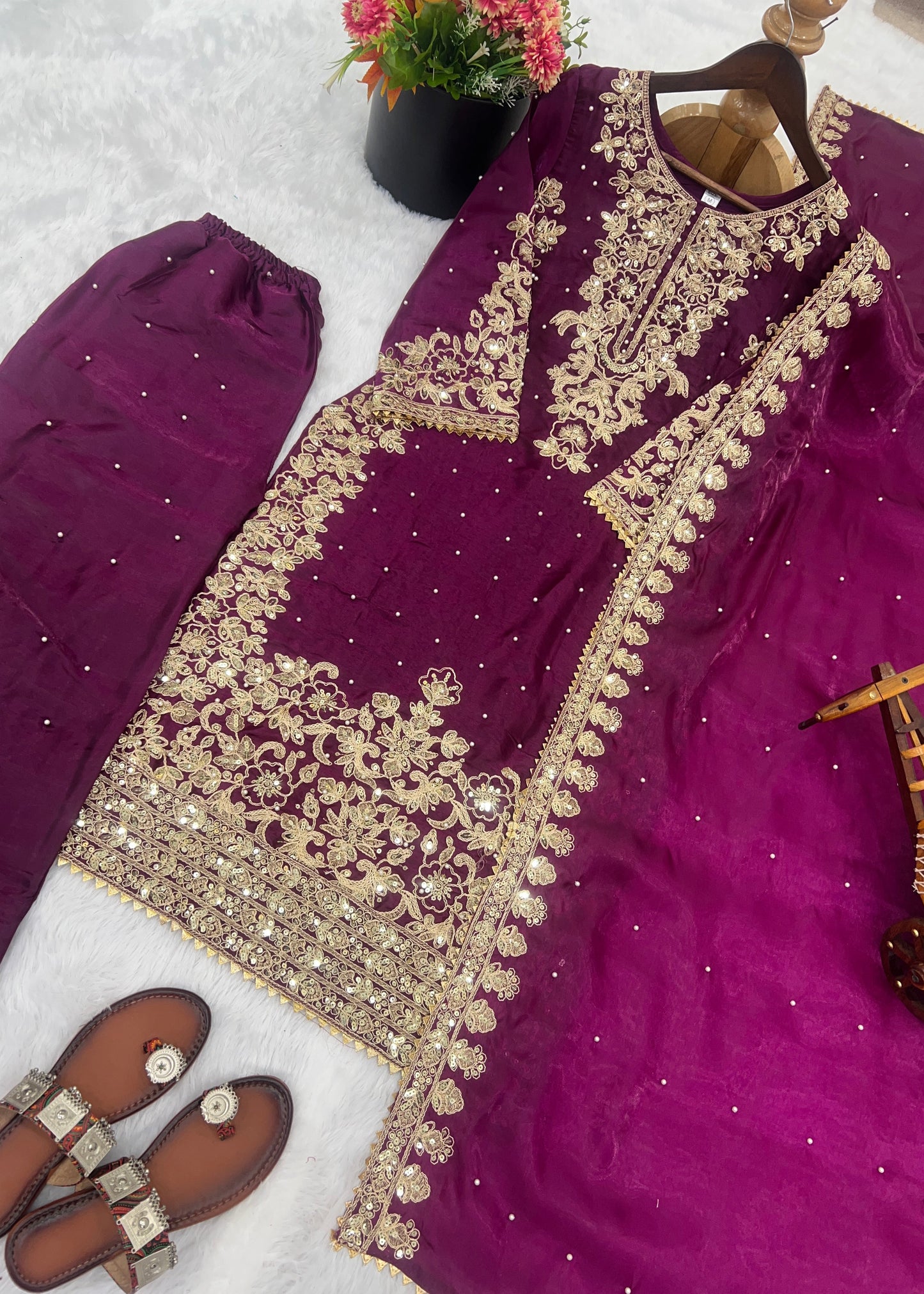 Elegant GMY Silk Embroidered Kurta Palazzo Set (6 colour)