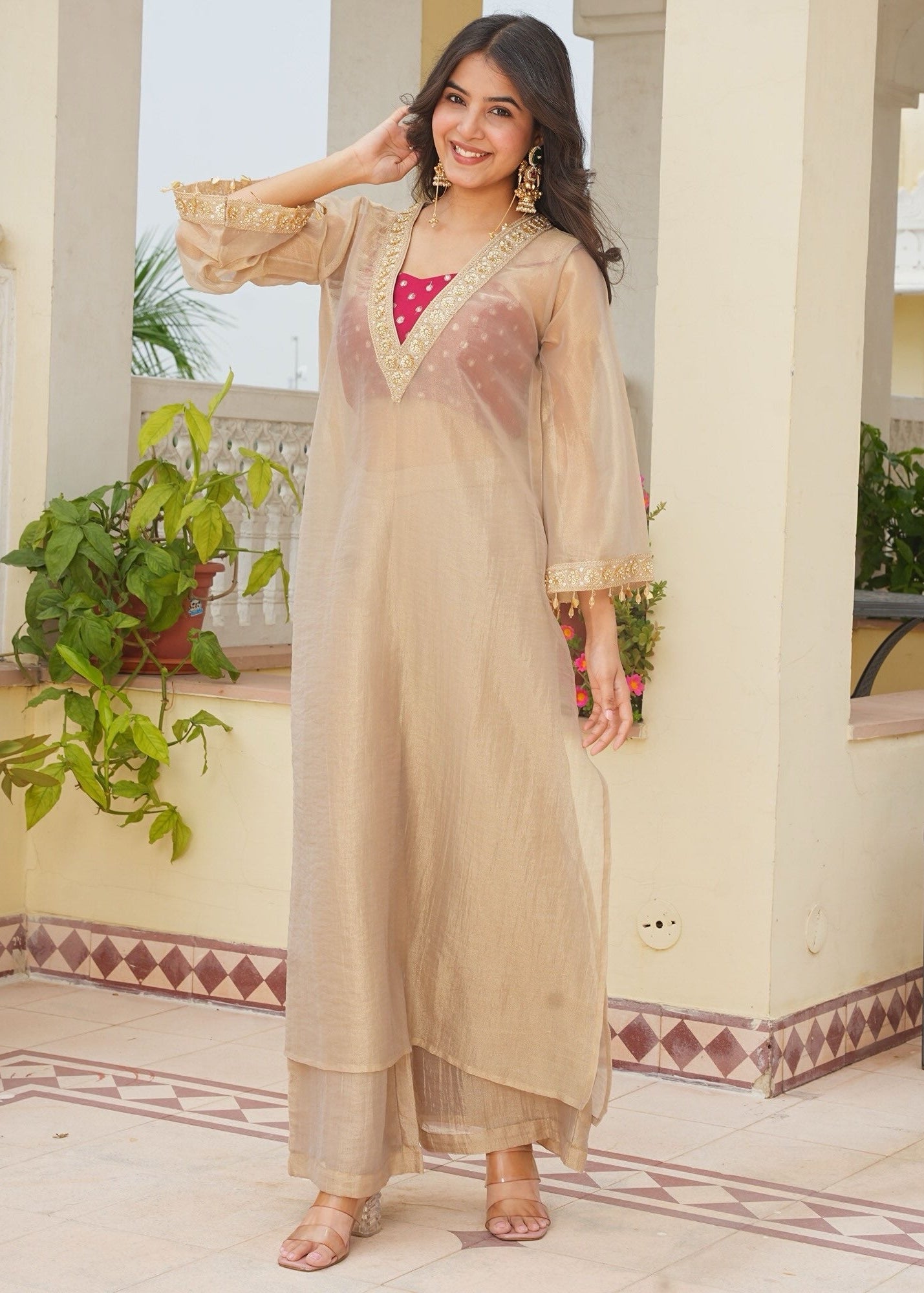 Shriwal Golden Tissue Embroidered Kurta Palazzo Set