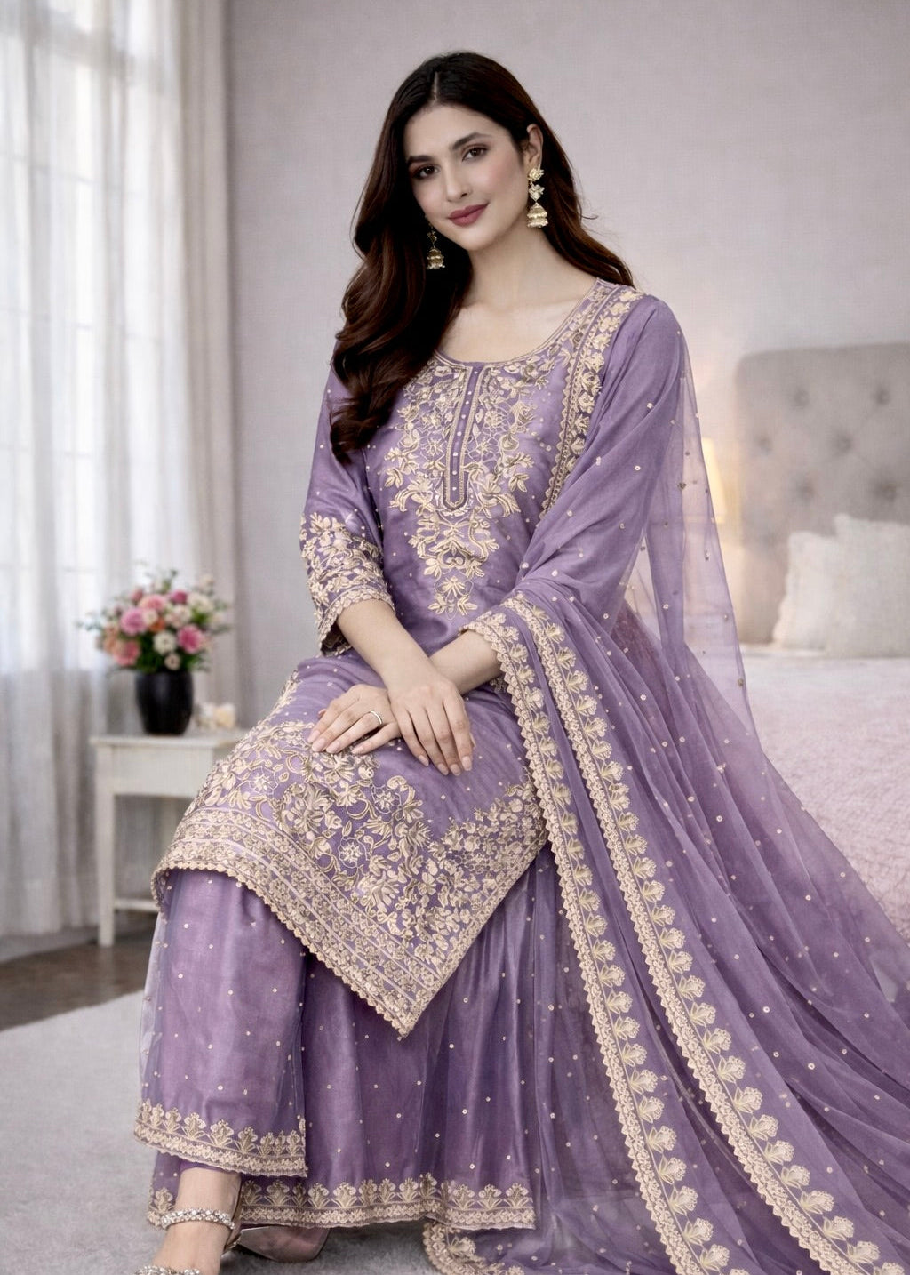 Elegant GMY Silk Embroidered Kurta Palazzo Set (6 colour)