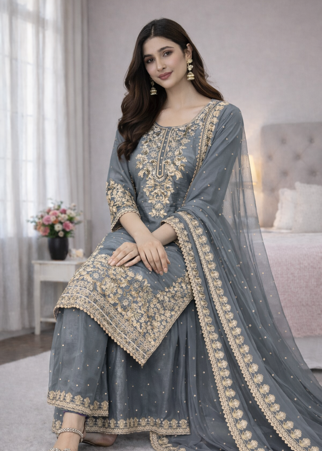 Elegant GMY Silk Embroidered Kurta Palazzo Set (6 colour)
