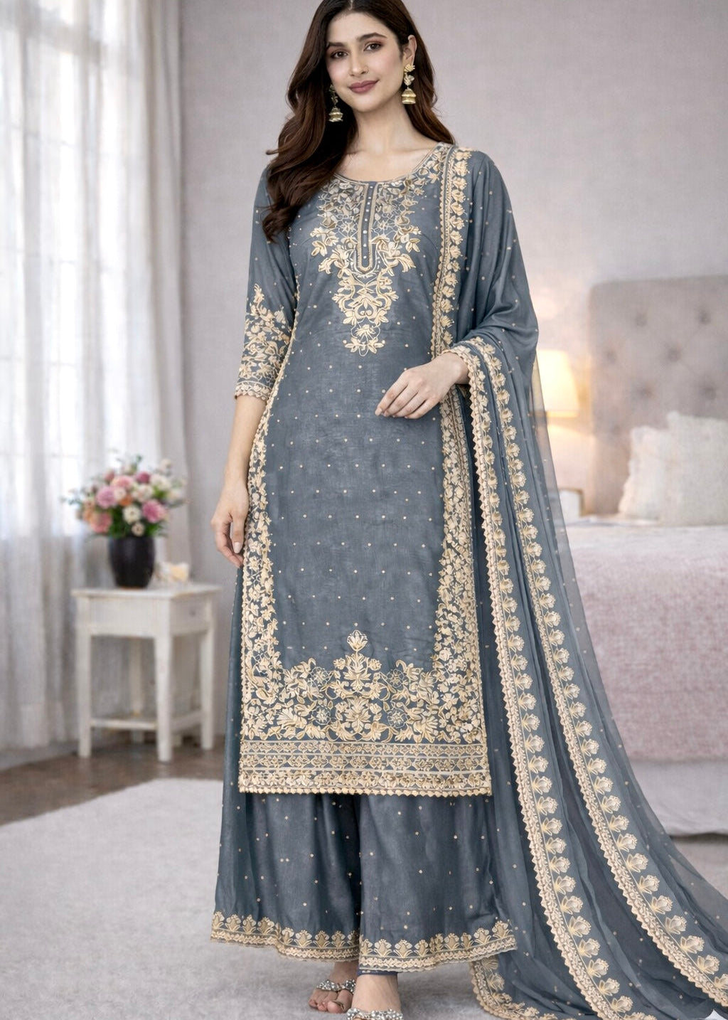 Elegant GMY Silk Embroidered Kurta Palazzo Set (6 colour)