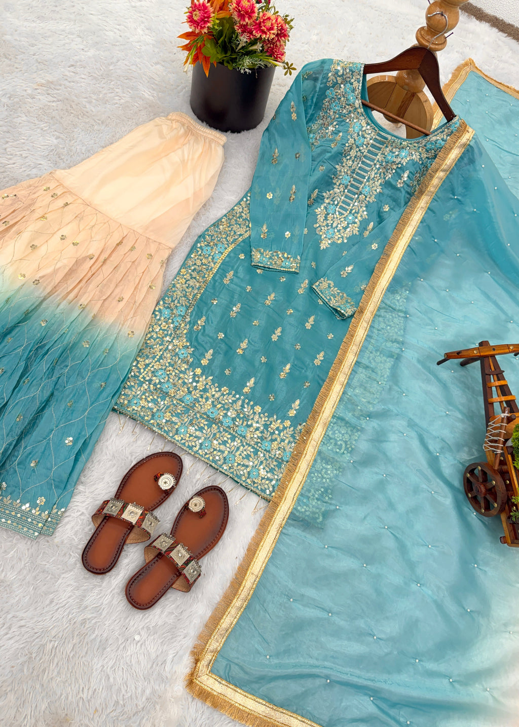 Shriwal Ocean Blue GMY Silk Embroidered Sharara Suit Set