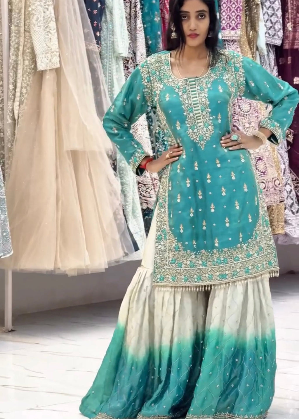 Shriwal Ocean Blue GMY Silk Embroidered Sharara Suit Set